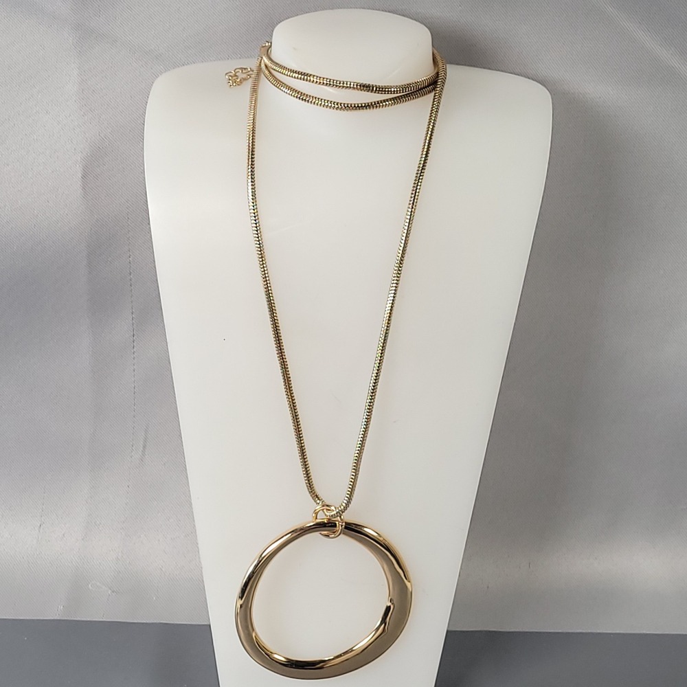 Gold Tone Pendant Necklace Organic Circle Snake Chain MCM Opera Mid Mod - Picture 2 of 8